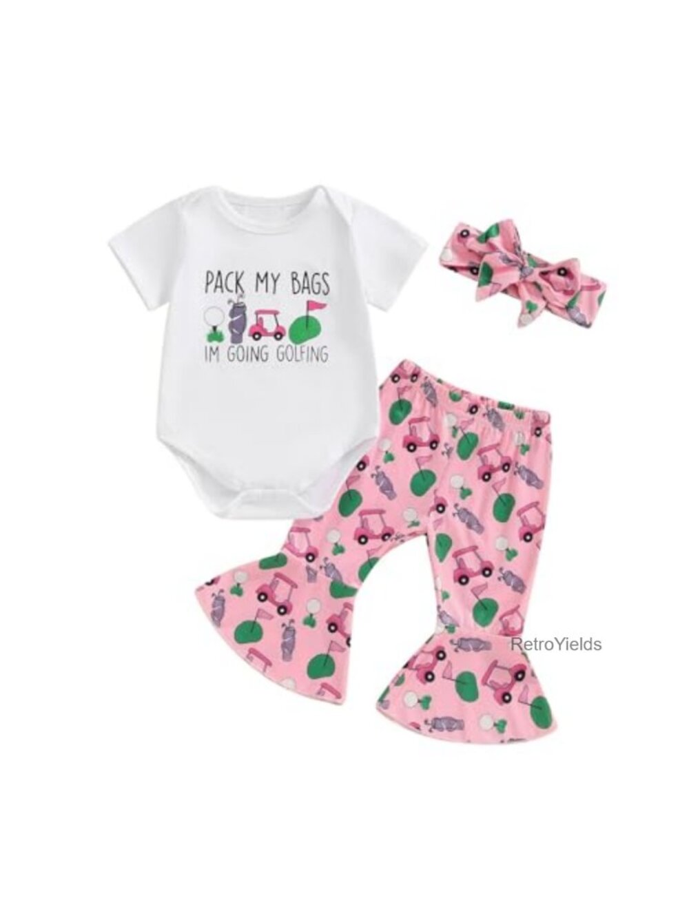 Newborn Baby Girl Golf Outfit Romper Bell Bottoms 3pcs Set